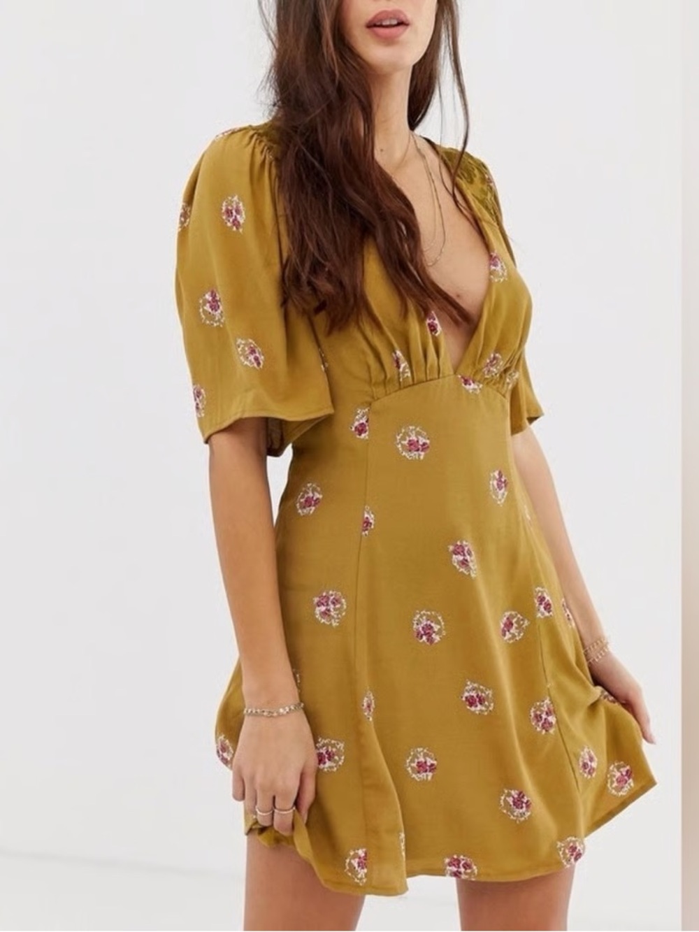 Free People Mockingburd Mustard Floral V-Neck Mini Dress size 12